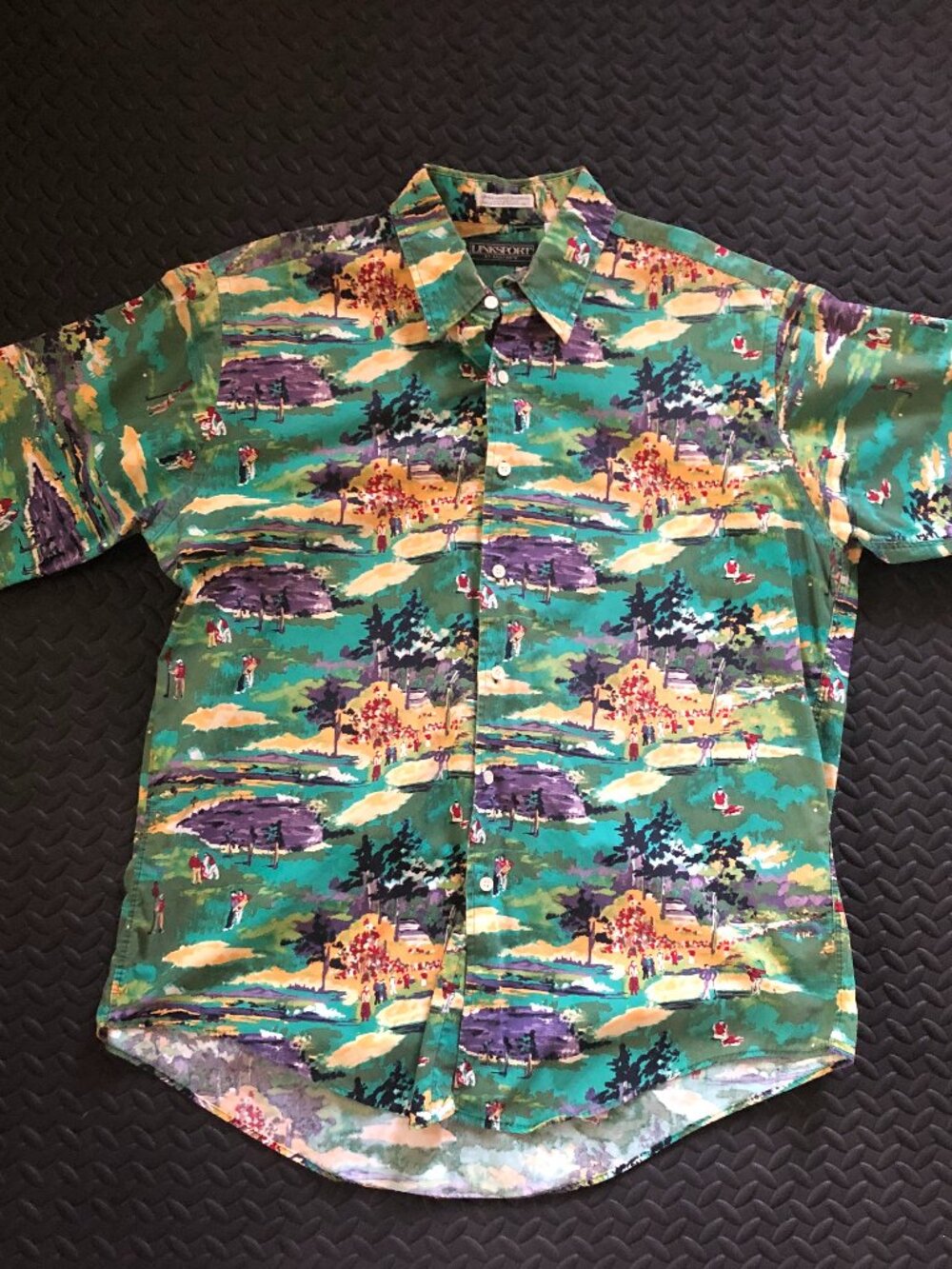 VINTAGE LINKSPORT SHORT SLEEVE BUTTON DOWN HAWAIIAN STYLE GOLF PRINT SHIRT L